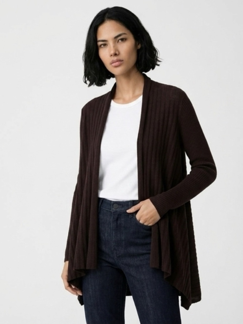 Eileen Fisher Dark Brown Ribbed wool cardigan size large